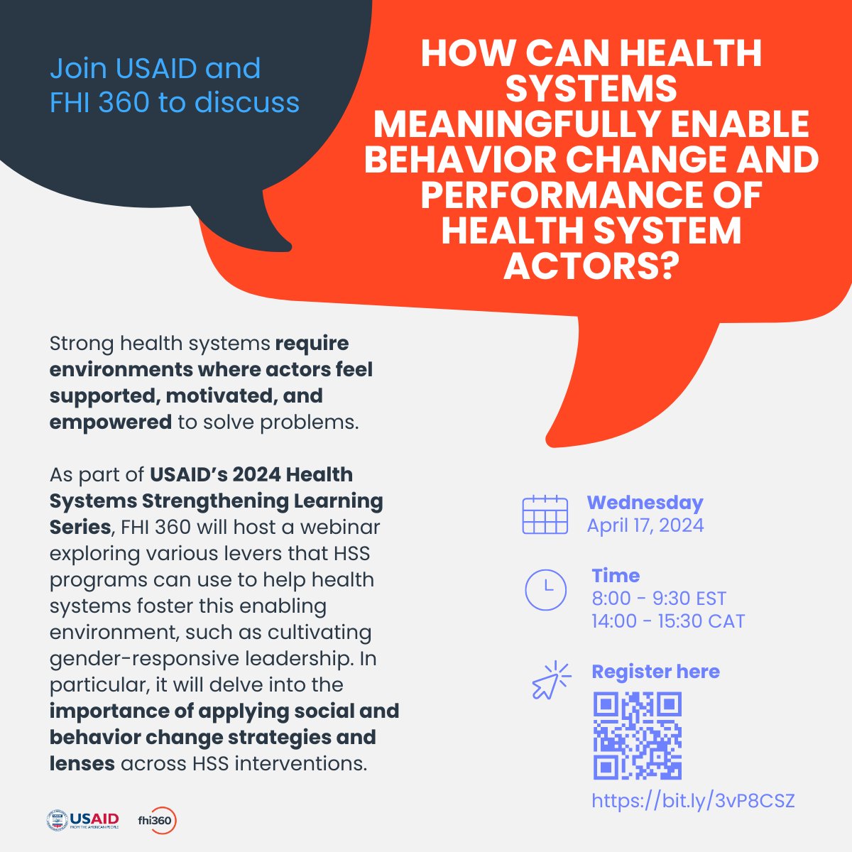 FHI 360, alongside @USAIDGH, will host a webinar as part of USAID's 2024 Health Systems Strengthening Learning Series!

Join us April 17 as we explore how #healthsystems can enable behavior change and performance of health system actors.

🔗 Register now: bit.ly/3vP8CSZ