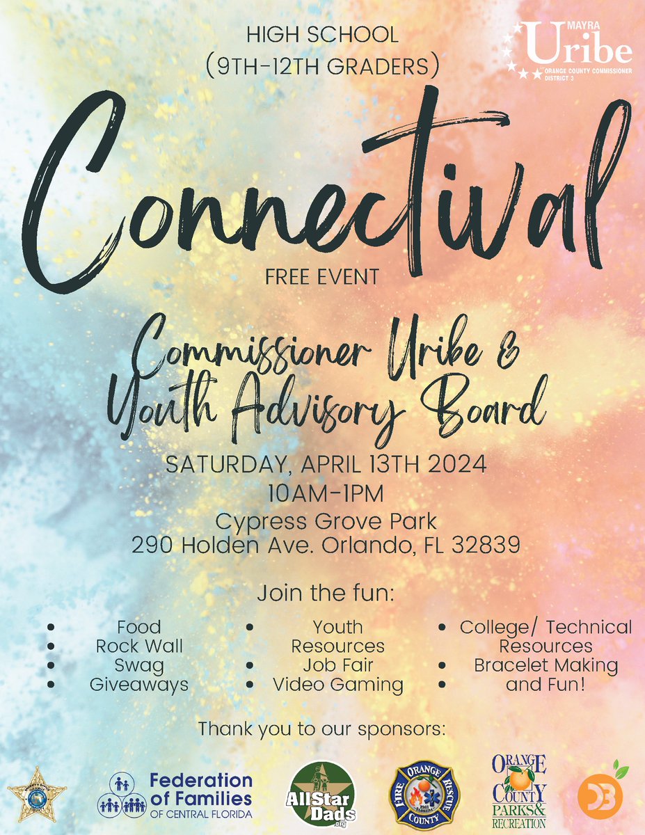 This Saturday Commissioner Mayra Uribe and the Orange County Government Youth Advisory Board will be hosting the Connectival Community event in Orlando for Orange County Public Schools students grades 9 - 12 to receive resources and much more. @OCPSnews @OrangeCoFL @OCFireRescue