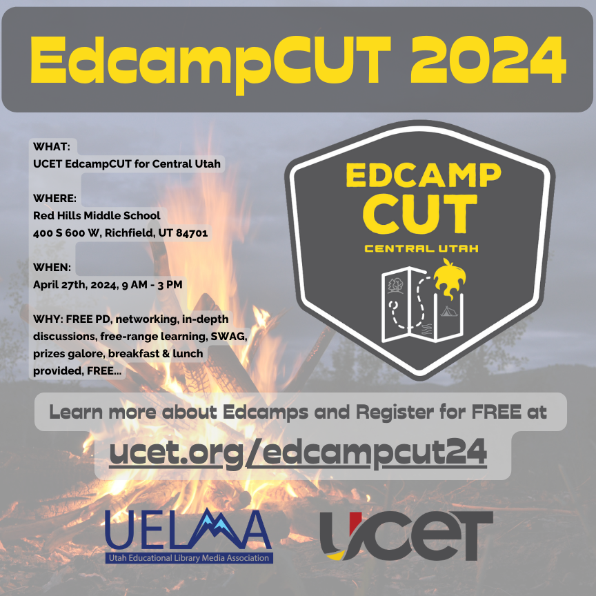 #EdcampCUT is coming up soon! I hope you join folks from the #UCET and #UELMA boards and educators from around Utah for food, fun, discussions, swag, great prizes and more. Register at ucet.org/edcampcut24