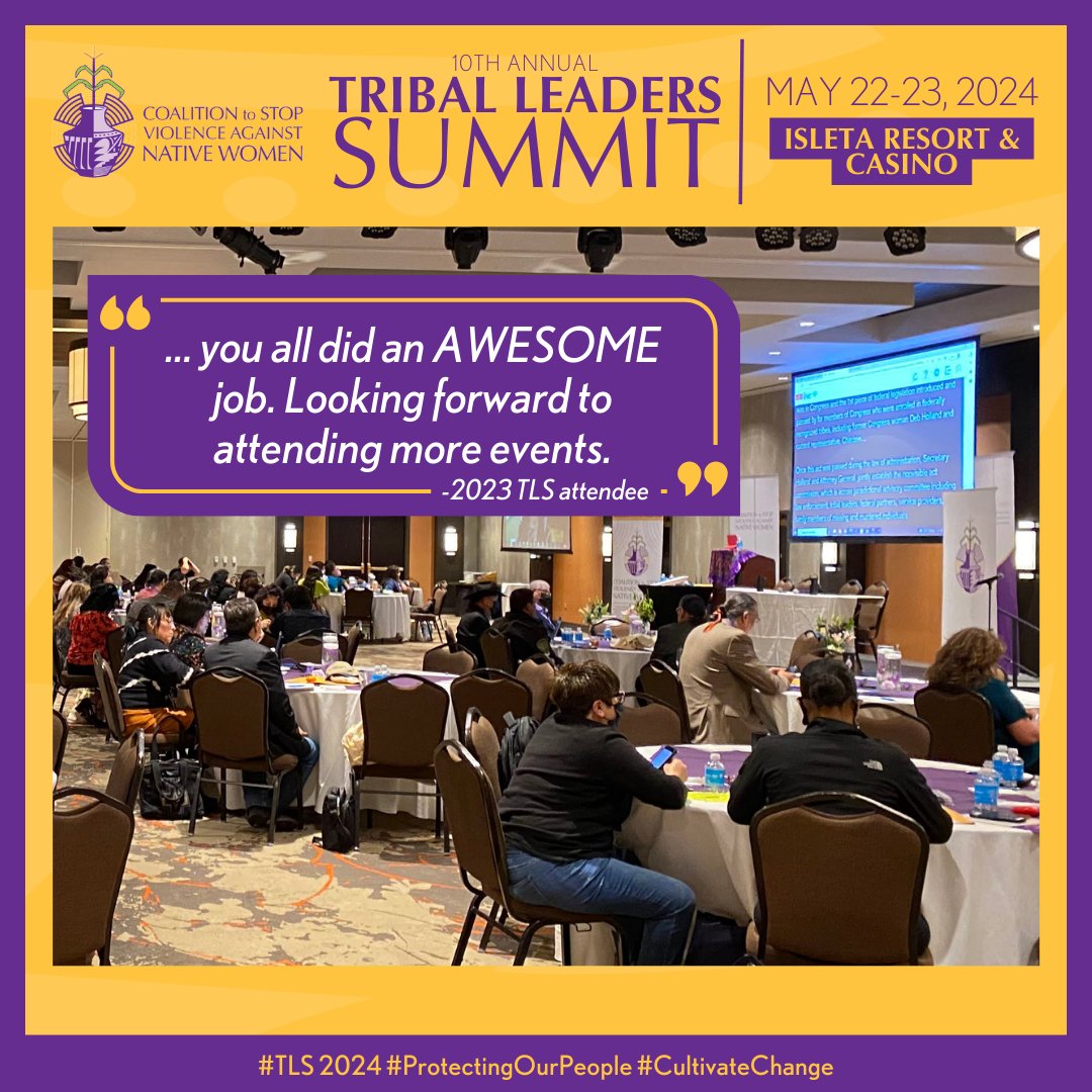 The annual Tribal Leaders Summit is a free briefing for tribal, state, and federal officials and those who work with victims of sexual assault and domestic violence. Join us for our 10th Tribal Leaders Summit Register: lp.constantcontactpages.com/ev/reg/d92hg96… #TLS2024 #ProtectingOurPeople