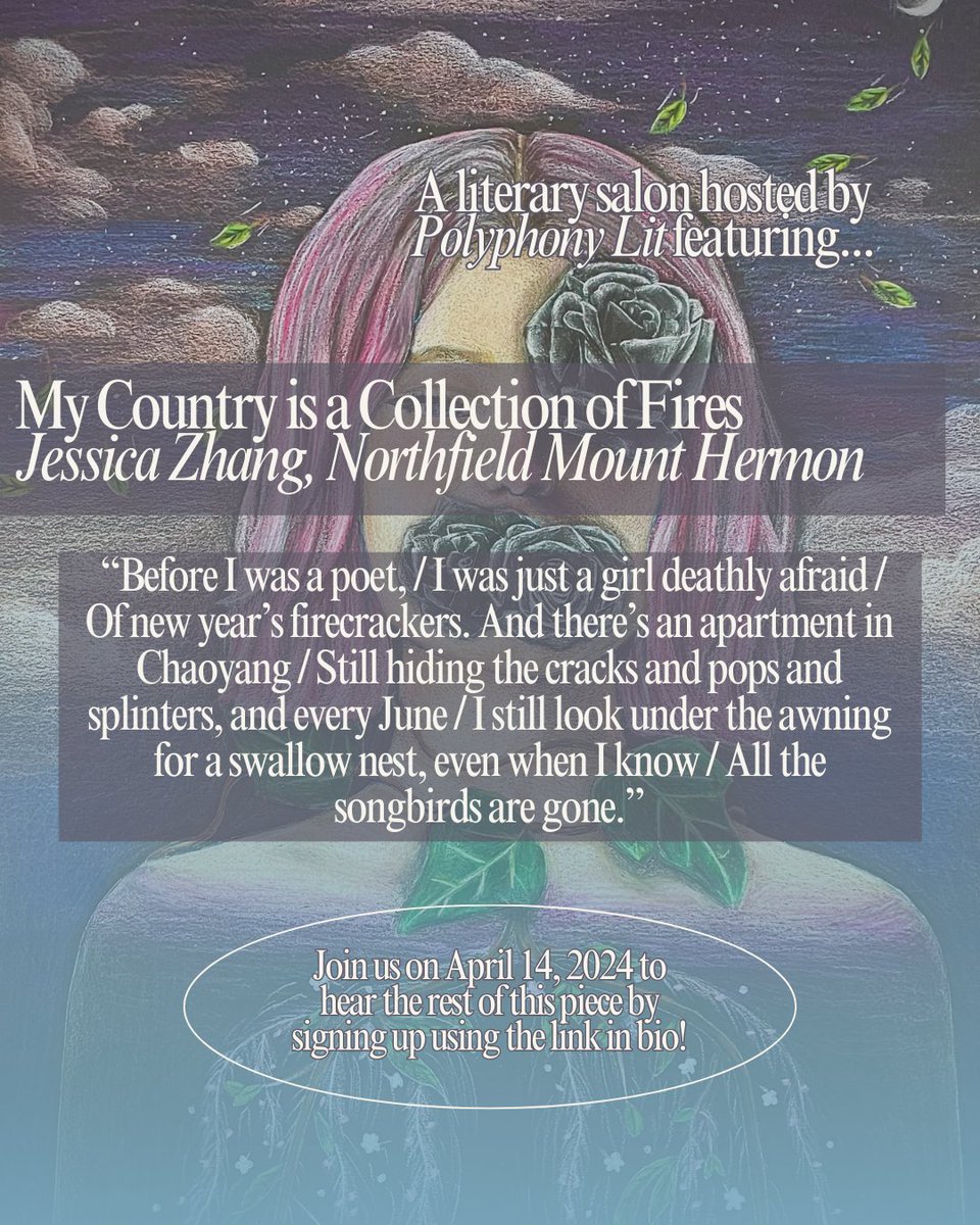 Join us for a literary salon celebrating the poetry and prose of our talented high school writers! The salon will take place on Sunday, April 14th at 5:00 pm EST / 2:00 pm PST / 4:00 pm CST. Sign up through the link in bio!
