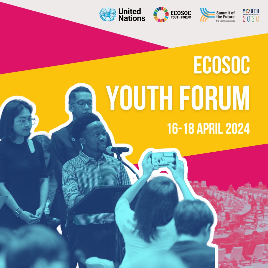 The ECOSOC #Youth2030 Forum will be held from April 16 to 18, 2024, at the @UN headquarters in New York.

The discussions will touch on the #GlobalGoals being reviewed in the 2024 High-Level Political Forum, including climate action.

More info: bit.ly/EYF2024