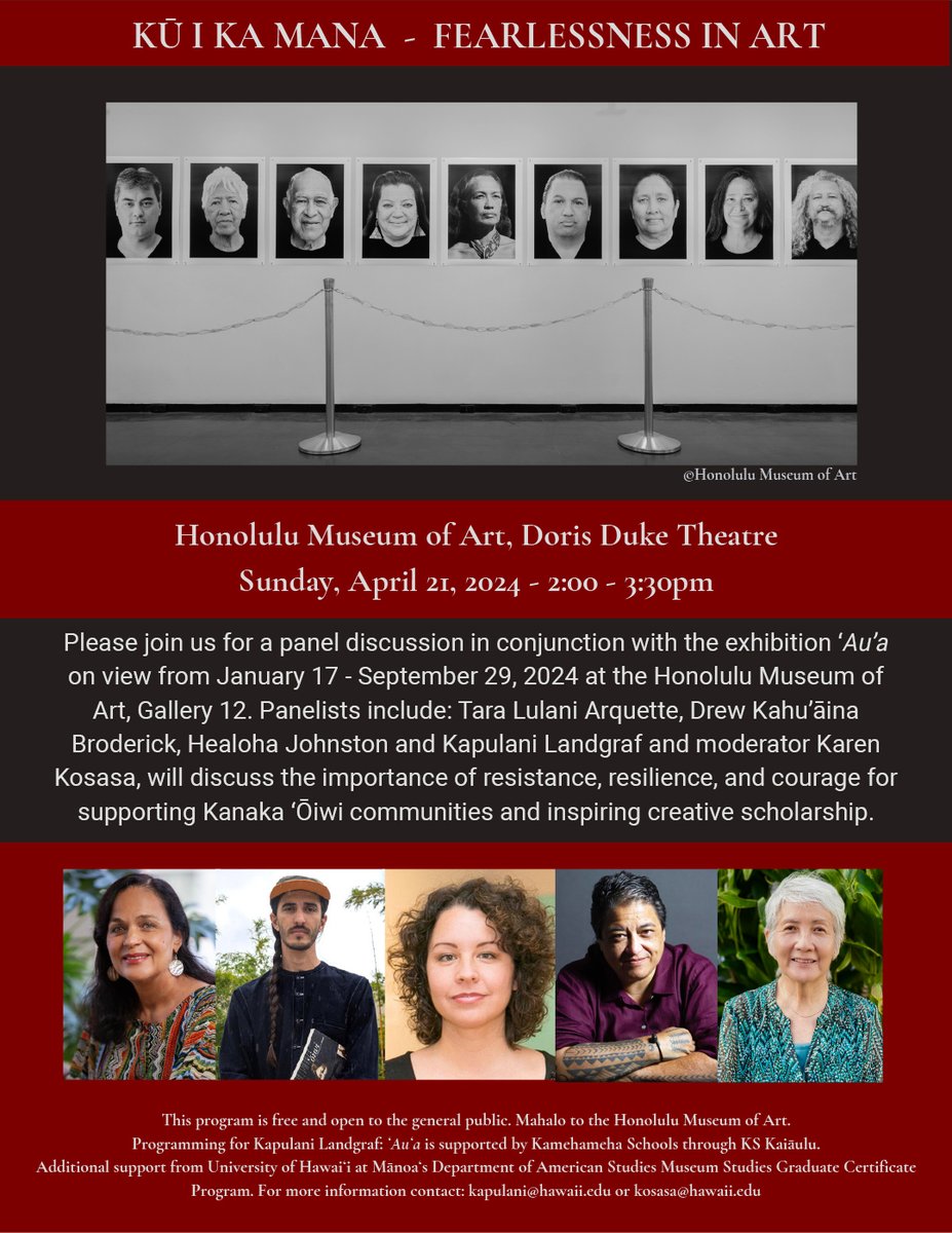 Honolulu, HI | Honolulu Museum of Art Kū I Ka Mana: Fearlessness in Art '...three panelists join the artist in reflecting upon the relevance of resistance, resilience, and courage...' More info: honolulumuseum.org/exhibitions/ka…