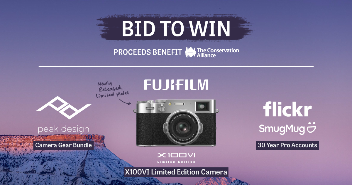 In support of The @ConservationAll, @FujifilmX_US has donated an X100VI Limited Edition camera for auction! Bid on the exclusive package made complete by additions from @Flickr, @SmugMug, & @PeakDesign at tinyurl.com/2auxqkvj/.