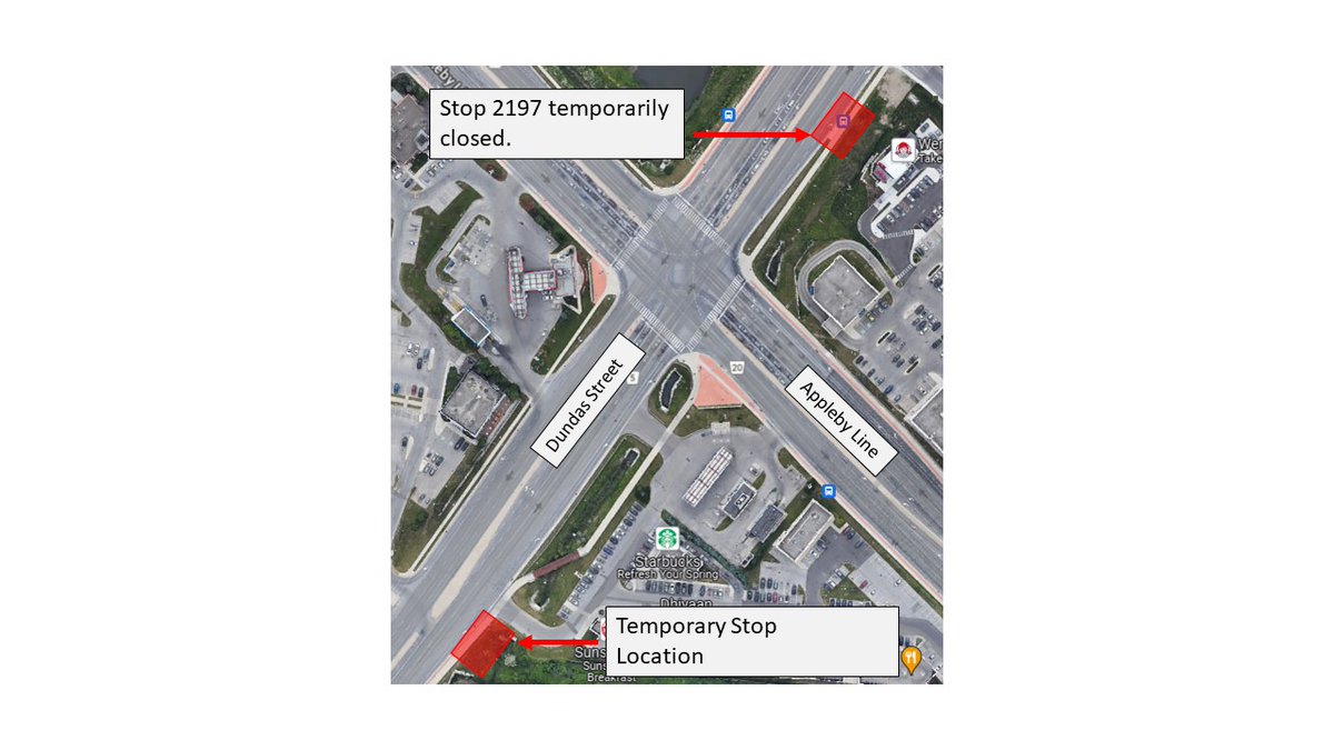 Attention Route 5 customers. Bus stop #2197 on the south side of Dundas, east of Appleby, will be temporarily relocated due to construction. The map shows the location of the temporary bus stop. More information here: oakvilletransit.ca/riding-with-us…