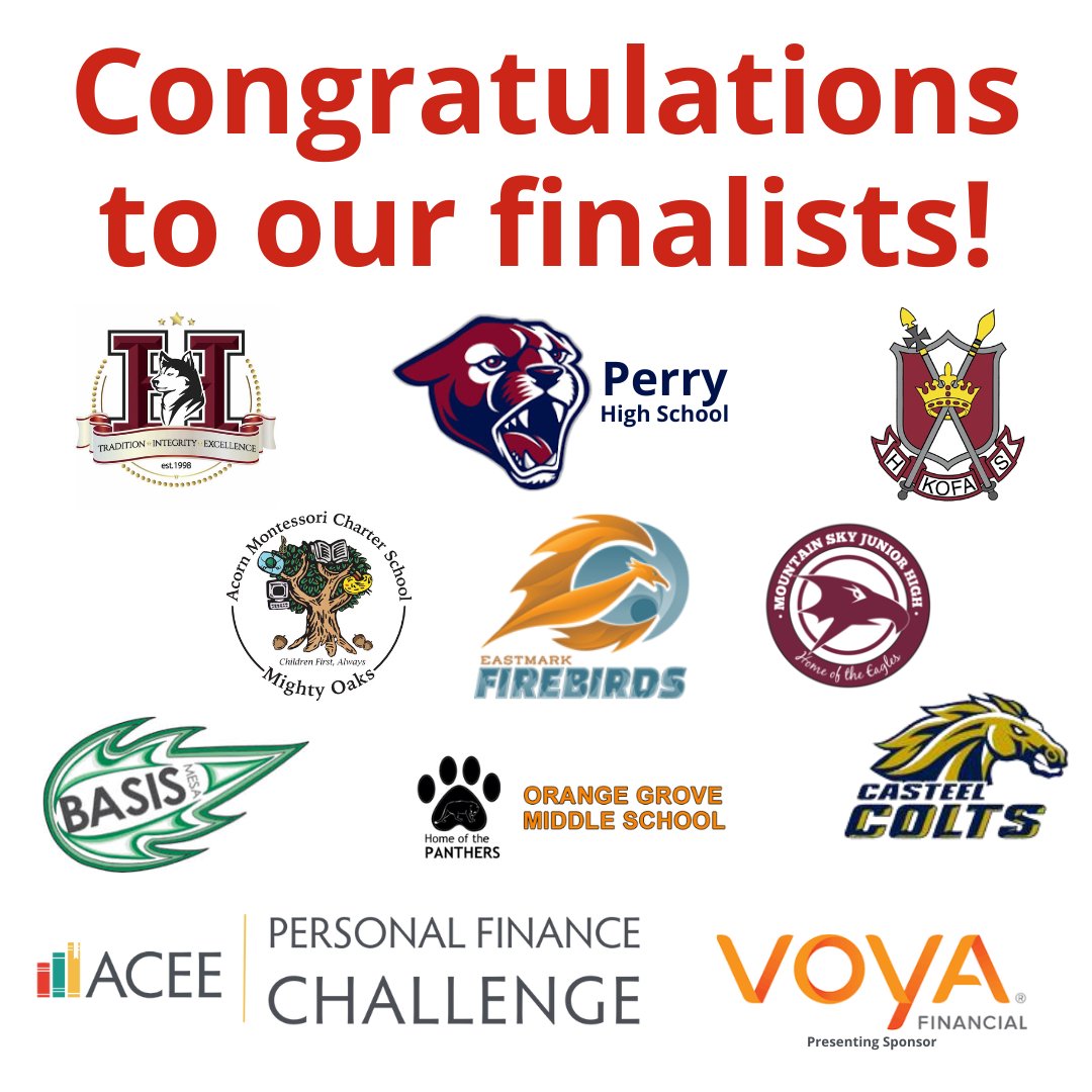 Congrats to the ACEE Personal Finance Case Study Competition Finalists! HS Div: @PerryPumas07, @Hamilton_High, @eastmarkhs, @CasteelColts, @KHSKingsNews MS Div: Orange Grove MS, Mountain Sky MS (@WESDschools), Acorn Montessori School, @BASISMesa TY to our Sponsor, @Voya!