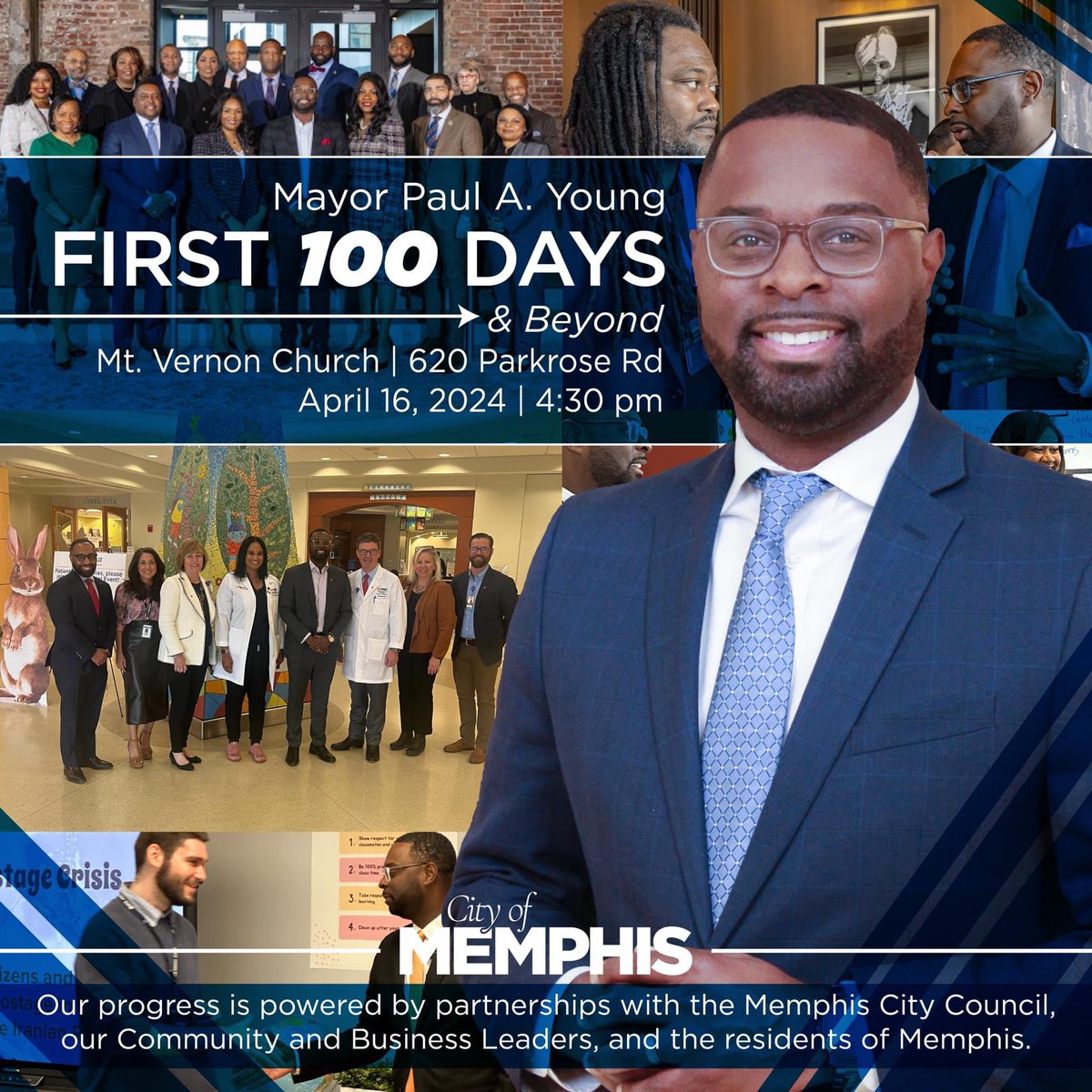 Memphis! 💙 We welcome you to join us as we celebrate Mayor Young’s first 100 days in office! 🏙️ Join us at Mt. Vernon Church on April 16th at 4:30PM for an inspiring event showcasing our progress and vision for the future. #BuildingTogether