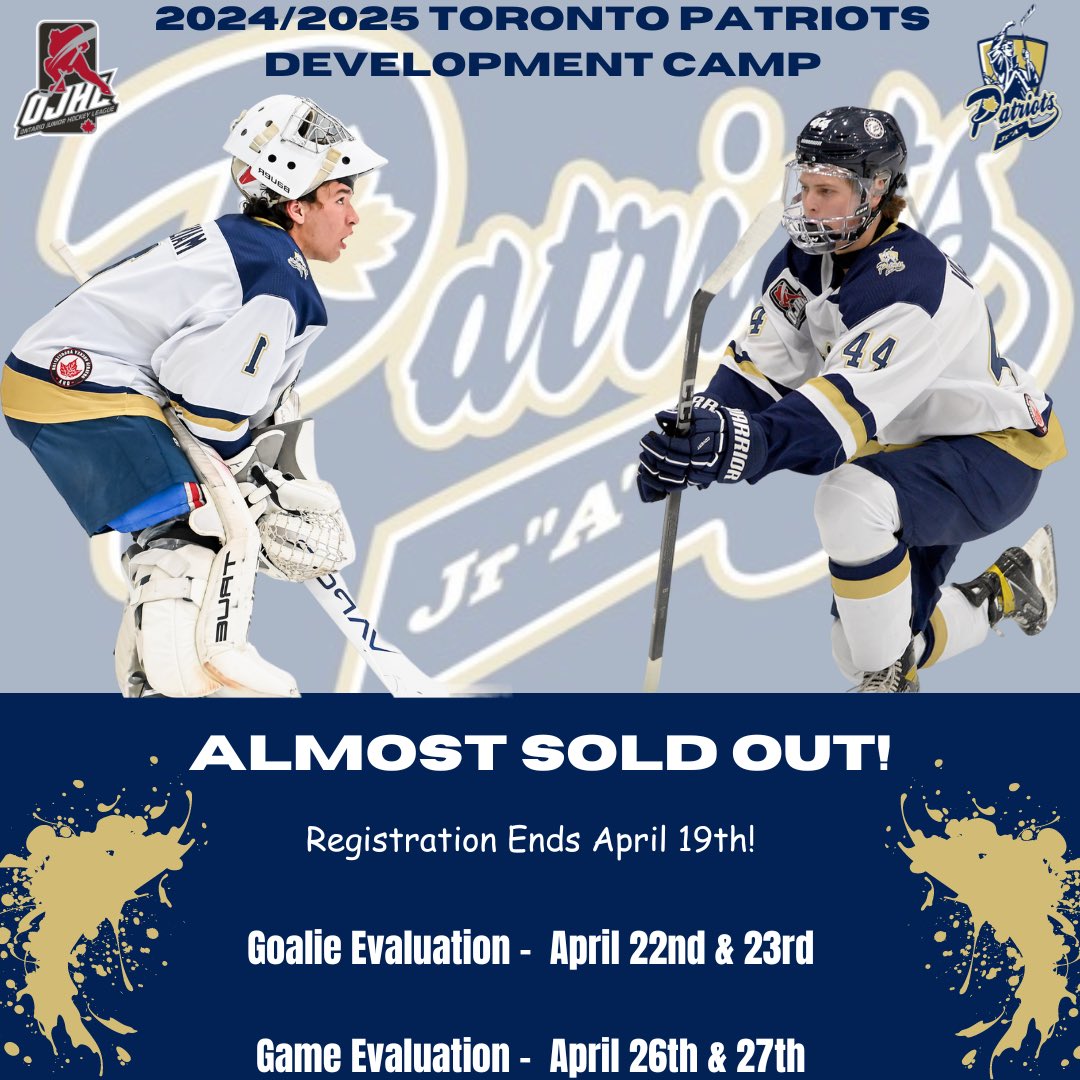 🏒 Lace up and get ready to hit the ice at our Development Camp! 🏒 

Registration closes April 19th, and spots are disappearing quicker than a one timer! 

Register at: torontopatriots.ojhl.ca/development-ca… 

#ojhl #TorontoPatriots #hockey #prospectcamp #tryout #loadthewagon