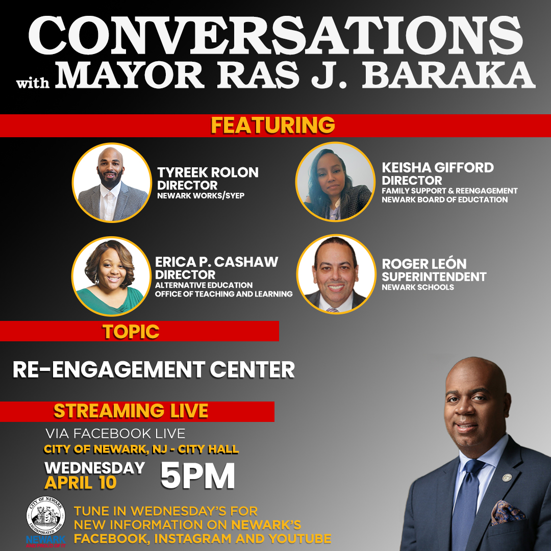 We officially opened the Re-engagement Center to reconnect youth with education and career paths last week. Join us for conversations today, where we will discuss the center, what resources are available, & how you can get involved. Today at 5:00PM Facebook.com/cityofnewark