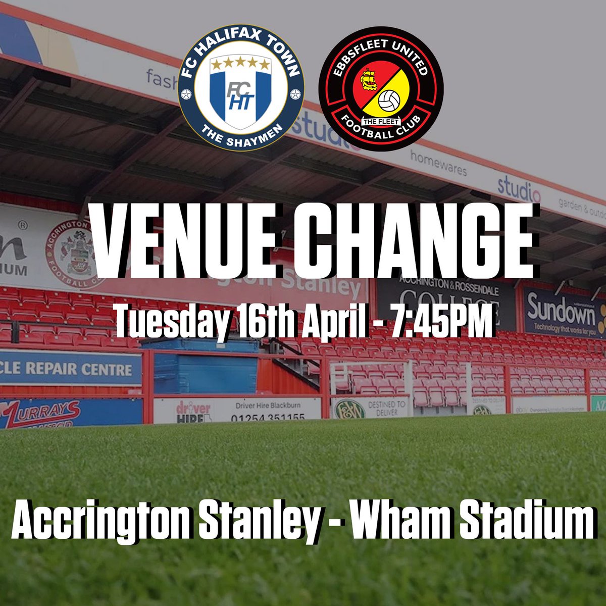 VENUE SWITCH – the Fleet's match at FC Halifax Town on Tuesday will now take place at Accrington Stanley following recent postponements at The Shay. Time and date remain the same (16th April, 7.45pm) ⤵️ ebbsfleetunited.co.uk/halifax-match-…