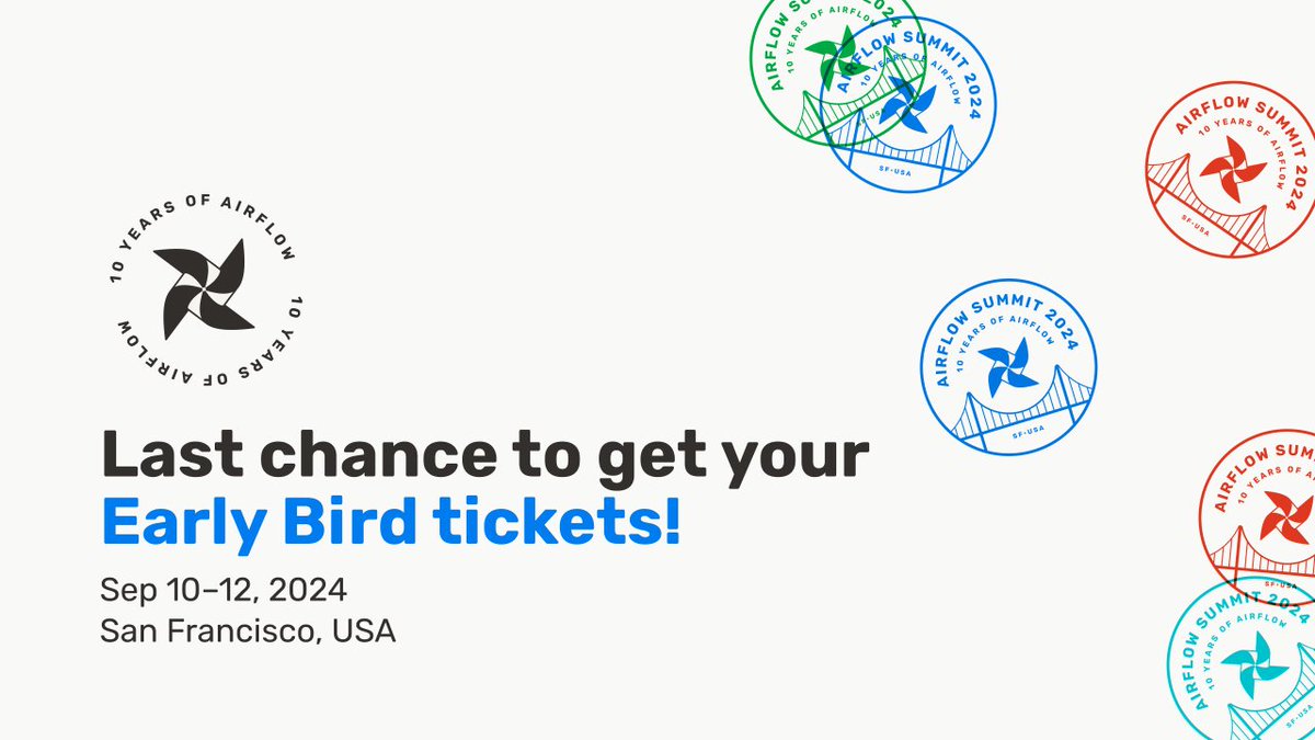 I want my EB ticket! This is your last chance to save up to 250 USD. Early Bird deadline is today, visit our website and get your tickets before it's too late: airflowsummit.org/tickets/

@ApacheAirflow #datascience #dataorchestration