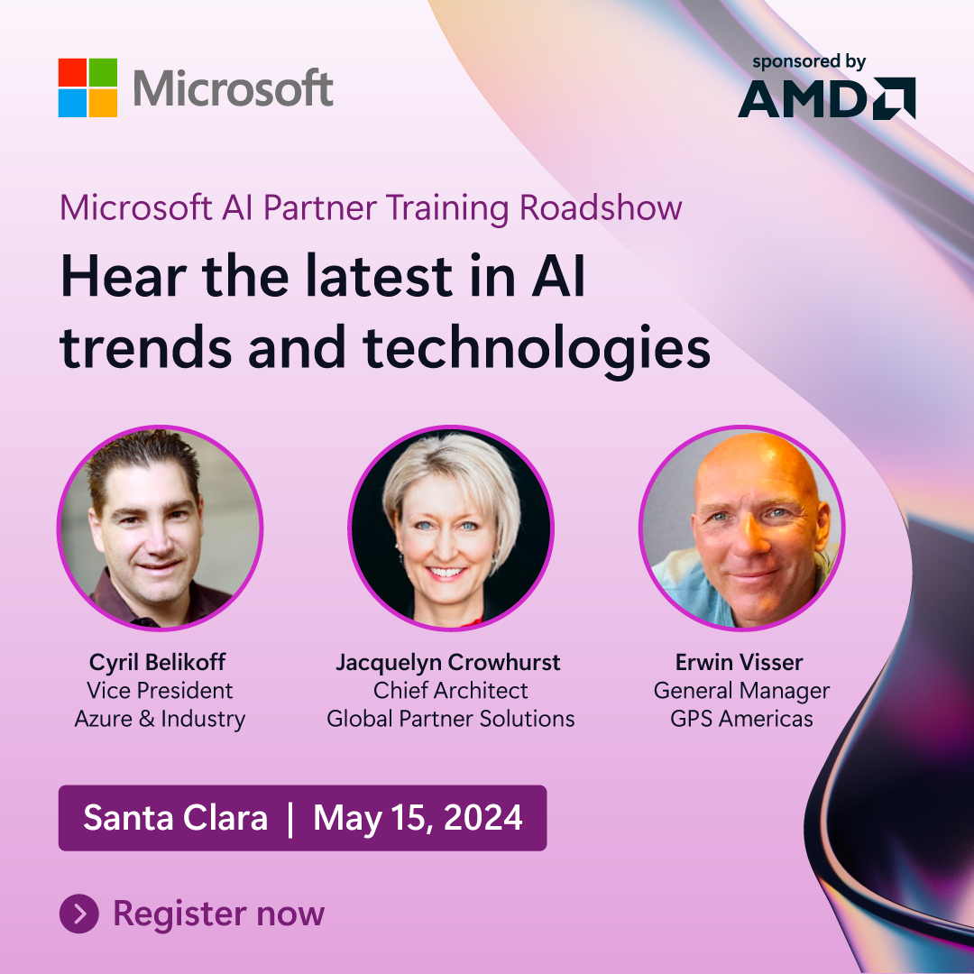 From enhancing productivity to transforming businesses, Microsoft leaders Cyril Belikoff, Jacquelyn Crowhurst, and Erwin Visser will present the latest #AI trends and technologies at the upcoming #MSAIRoadshow on May 15. Register now. #MSPartner msft.it/6013cfmVP