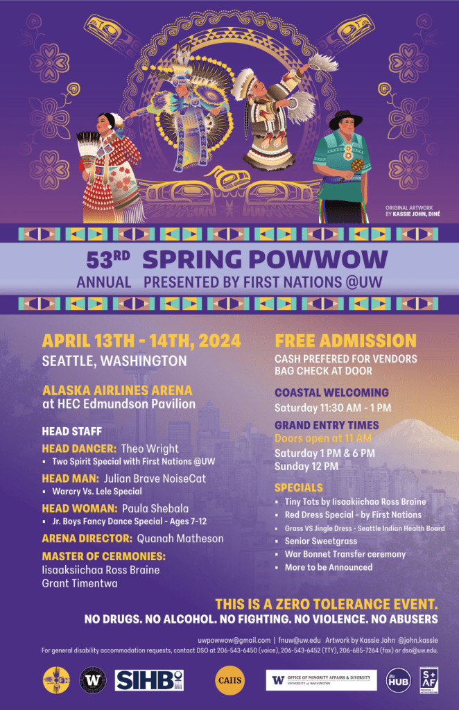 Guess what's happening 4/13 & 4/14? The 53rd Annual Spring Powwow, hosted by First Nations @ UW! Doors open @ 11am at Hec Edmundson Pavilion. Shop, watch the Grass vs. Jingle competition (sponsored by SIHB!), then stop by our booth to talk with us about community involvement.