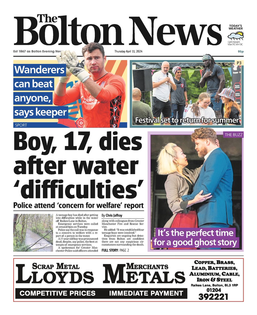 Front page of Thursday's @TheBoltonNews 📰

#TomorrowsPapersToday #Bolton #GreaterManchester #BuyAPaper #LocalNewsMatters #Newsquest #BWFC #CourtNews #CrimeNews #BoltonWanderers #BoltonNews #BoltonCouncil #GMP