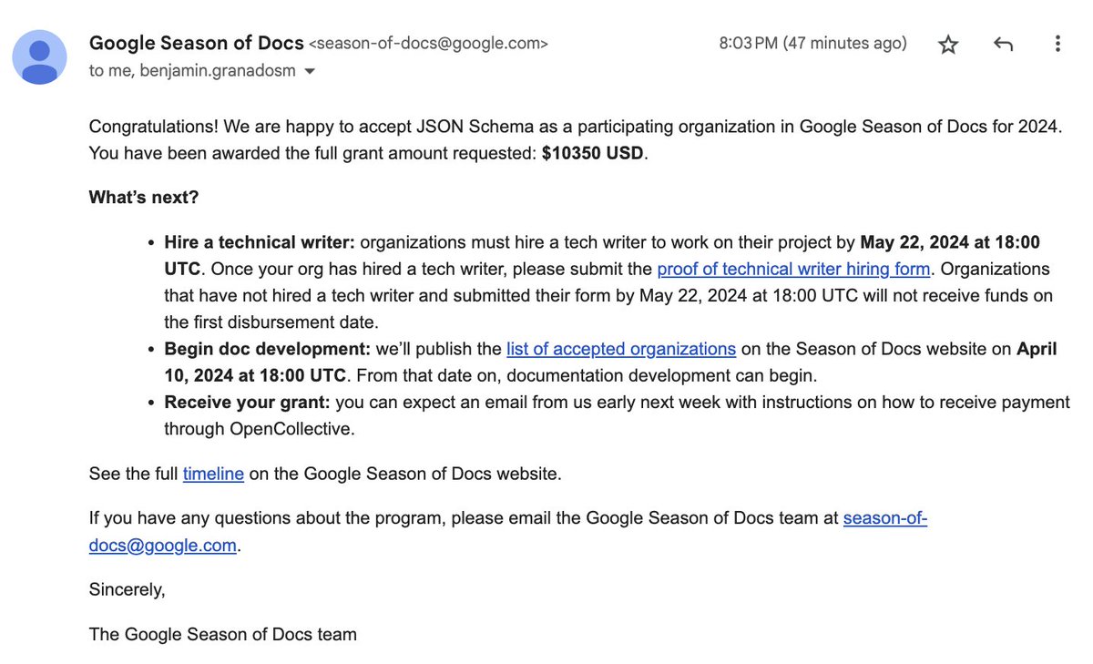 We are so excited to share we have been selected for Google Season of Docs!!!! 🎉 Are you a Technical Writer? Do you love standards? We'd love to talk! More information here: github.com/orgs/json-sche… Stay tuned! #gsod