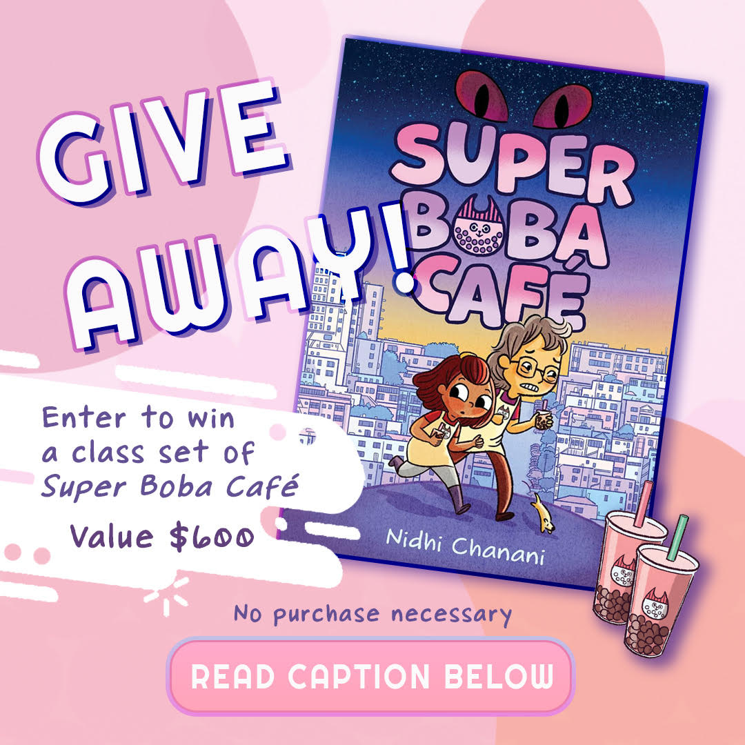 Teachers! Librarians! Educators! 🧋📚A wild giveaway - a class set of Super Boba Cafe for signing up for my newsletter, ends tomorrow! nidhichanani.substack.com (caption is above in this case!)