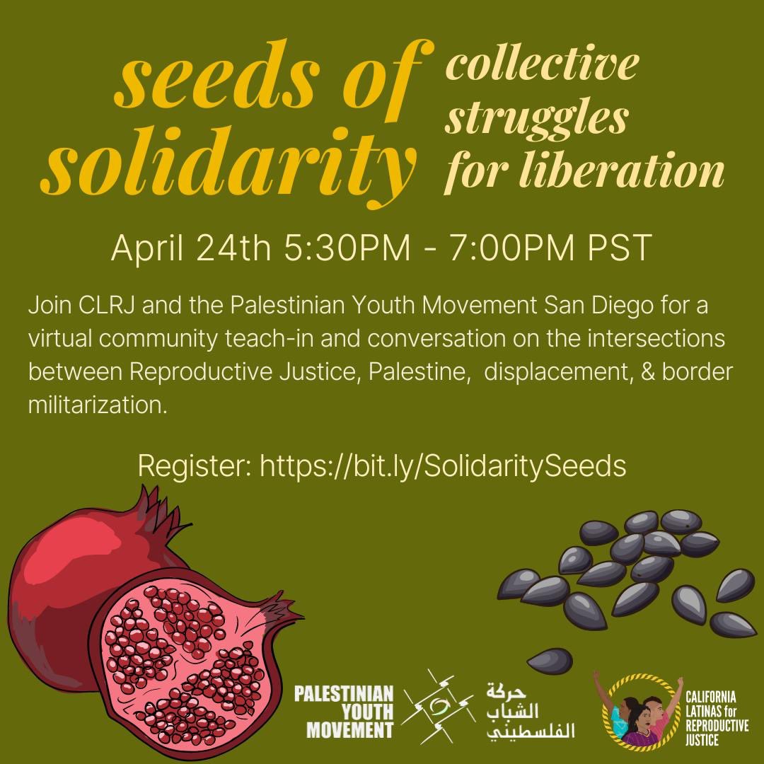 Join us and the Palestinian Youth Movement San Diego for a teach-in and community conversation on the intersections between Reproductive Justice and Palestine. 🌱✨🌱✨ Register at bi.ly/SolidaritySeeds or link in bio. Spanish translation will be available. Cc: @pymsandiego