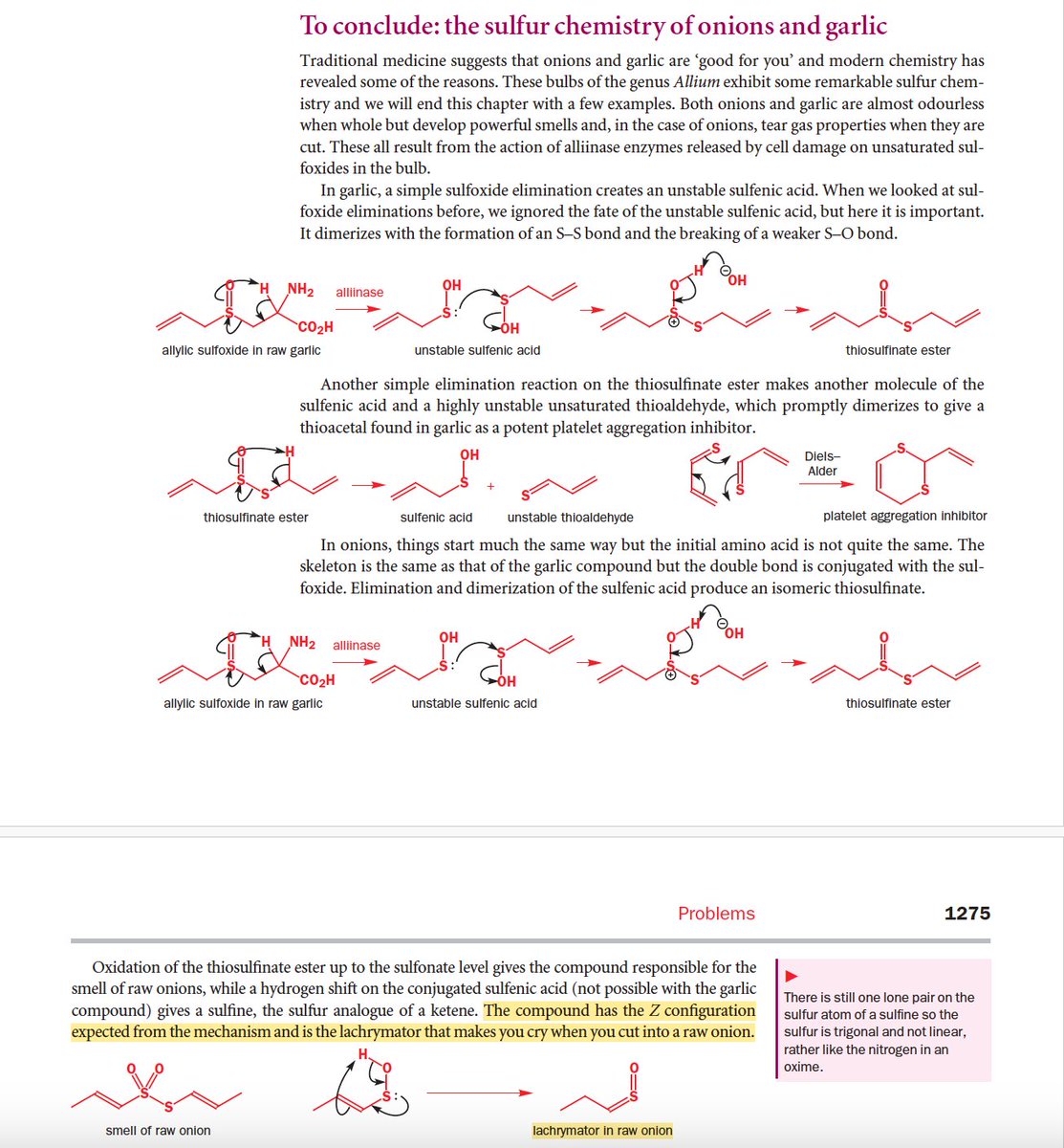 For chemists: the sulfur compounds that are responsible for the smell of onions and garlic do not pre-exist but are created by enzymatic reactions when the bulbs are cut. The tear-inducing compound in onion is created by the rearrangement of one of these molecules (Clayden et al.