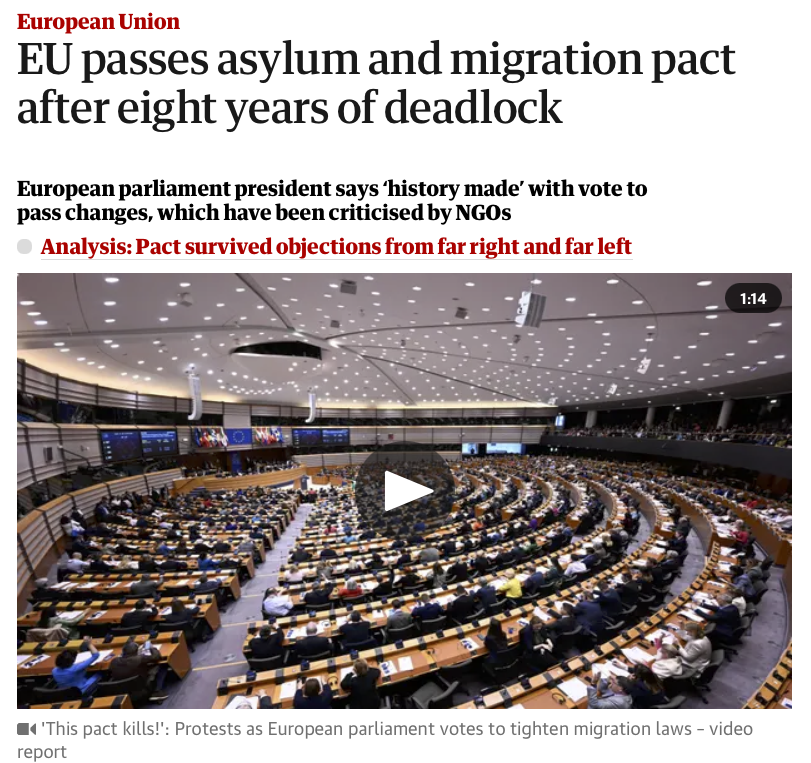 EU Parliament has just voted to tighten up migration laws This will have WAY MORE impact on the small percentage crossing the Channel to the UK than 'Rwanda' fiasco Yet barely a mention in UK media, apart from @guardian👇 (as opposed to a year of dog-whistling Rwanda headlines)