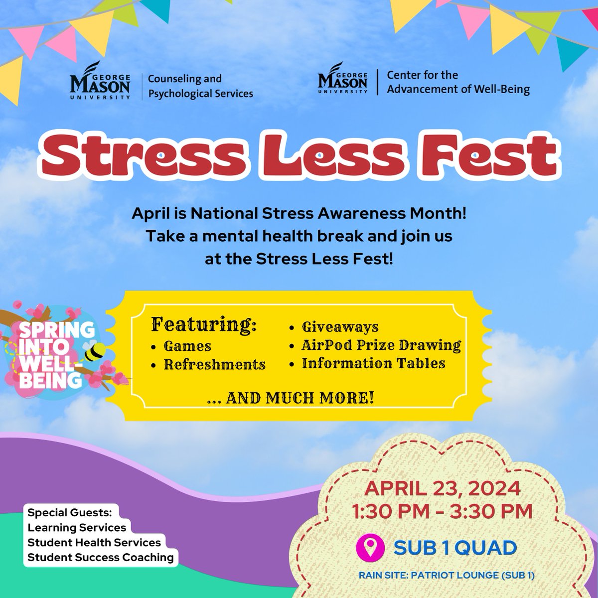 Join CAPS, @CWB_Mason , and other campus partners for refreshing treats, games, resources, giveaways, and more! This event is perfect for students looking to recharge and have some fun!