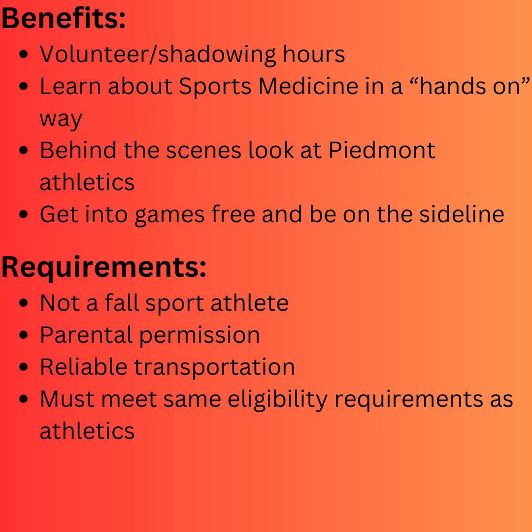 Looking for students interested in helping mainly with 🏈in the fall! Reach out ASAP if you're interested. @PHSATHLETICS5 @DylanStamey_PHS @PiedmontFB_24