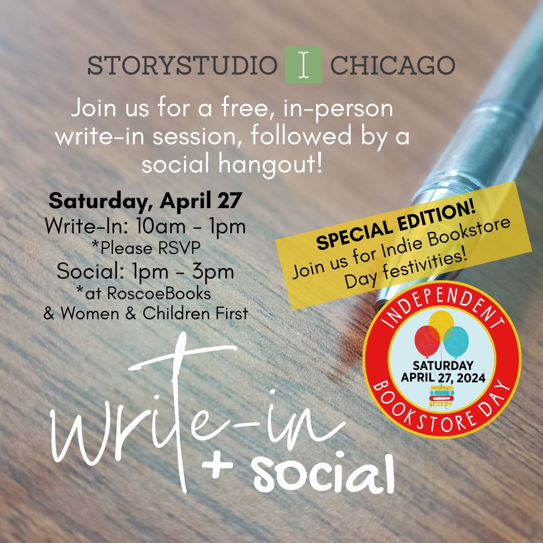 Our first FREE Write-In of the year is now open for RSVP. The Write-In is happening April 27 at StoryStudio starting at 10 am CT. It's Independent Bookstore Day, as well, so save time to visit an indie that day! RSVP here: storystudiochicago.org/write-ins-with…