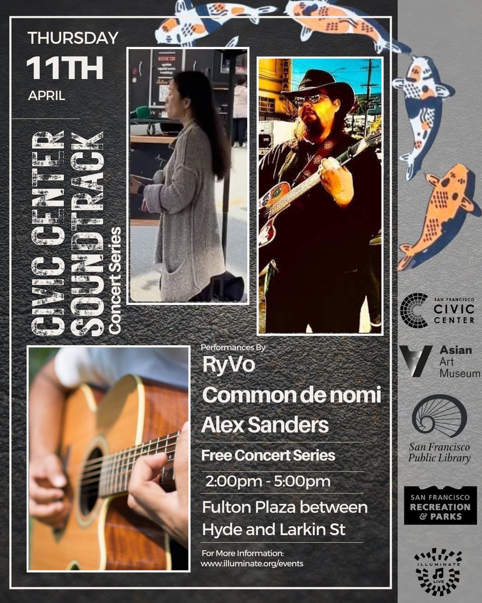 Fulton Plaza is featuring free live music tomorrow, Thursday 4/11 with the Civic Center Soundtrack Concert Series. Tomorrow's lineup features: RyVo Common De Nomi Alex Sanders Come out to Fulton Plaza 2-5pm & enjoy a free live show! @recparksf @SFPublicLibrary