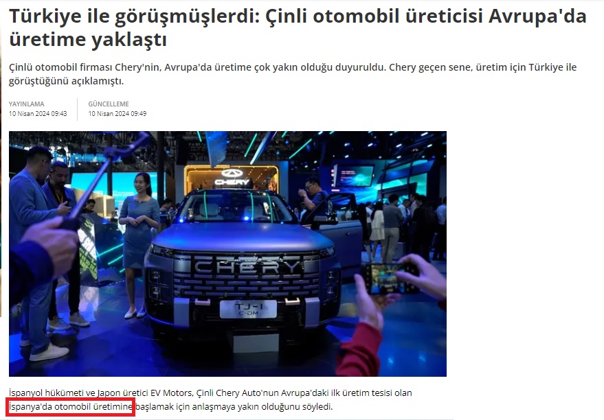 Çinli Otomotiv firması Chery, Avrupa'daki otomobil fabrikasını Türkiye yerine İspanya'da kurmaya karar vermiş.
AKP'liler, bu sizin eseriniz, kına yakın...
Yabancı yatırımcı Türkiye'ye olan güvenini kaybetti, hukukun üstünlüğünün işlemediği ülkelere yabancı yatırımcı GELMEZ...