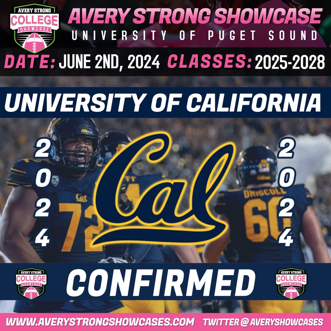 Excited to announce University Of California - Berkeley will be attending our Showcase on Sunday, June 2nd ‼️📈 Don’t Miss This Opportunity To Showcase Your Talent In Front Of College Coaches ! It’s going DOWN 🔜 at University of Puget Sound 🏈 averystrongshowcases.com