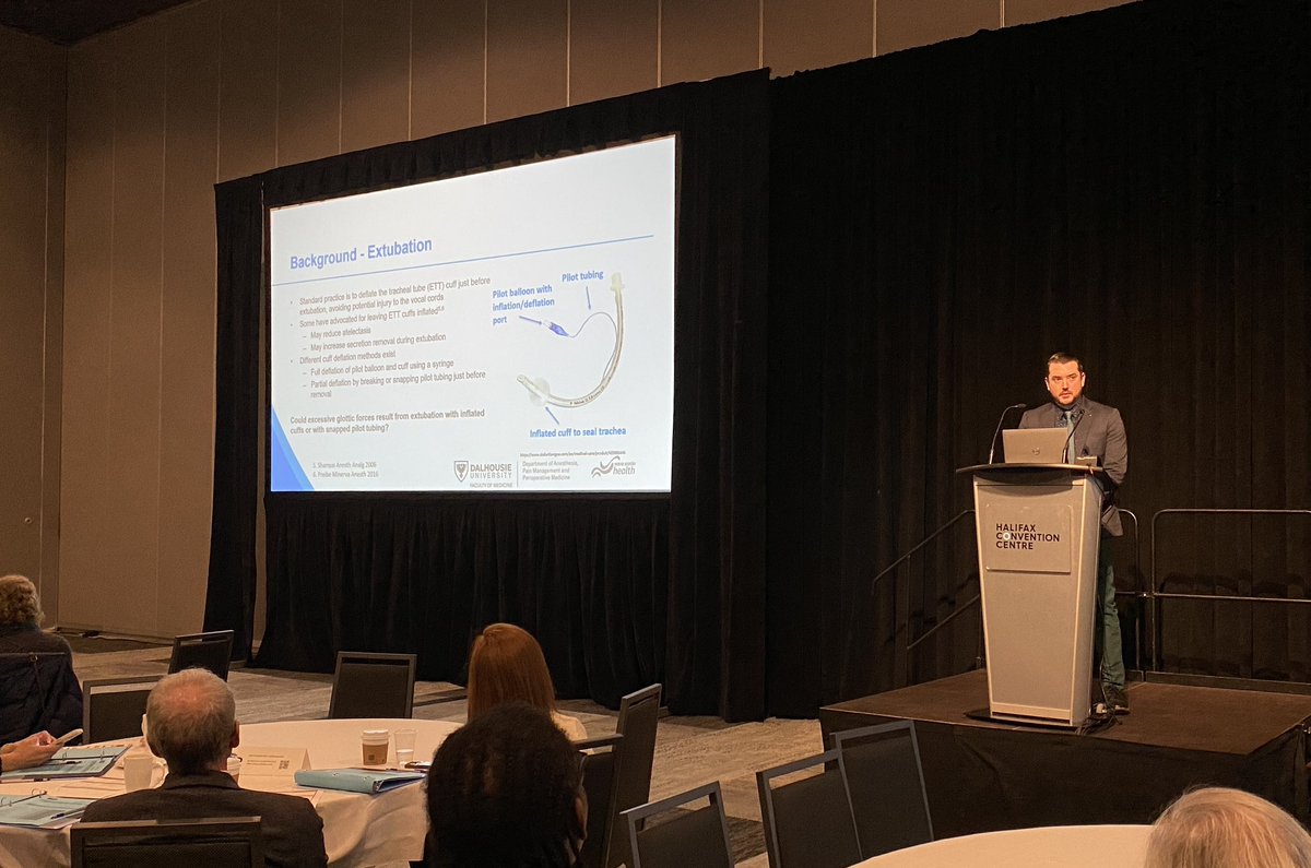 @DalAnesthesia resident Dr. Scott Haslam sharing their topic “Laryngeal Extubation Forces Generated by Inflated Versus Deflated Tracheal Tube Cuffs” at #ANESRD24 @DalhousiePain