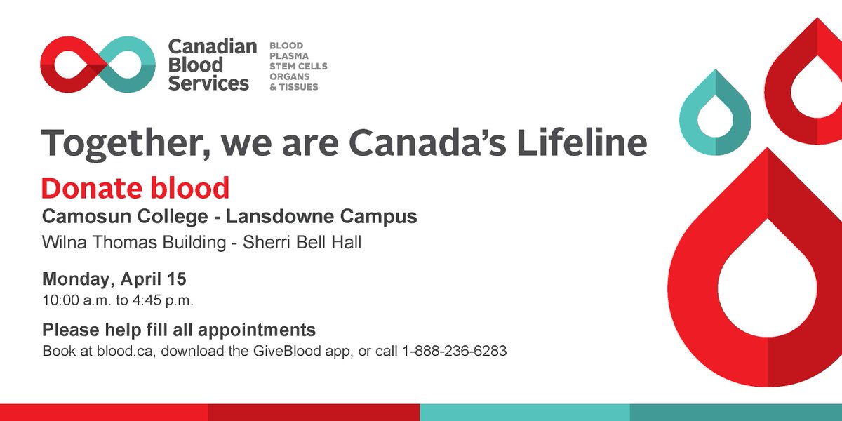 You can save a life on campus! Donate blood on Monday, April 15 in the Wilna Thomas Building on Lansdowne campus. Appointments are available 10am to 4:45pm. Book at blood.ca, download the GiveBlood app or call 1-888-236-6283. #CanadasLifeline #GiveBlood