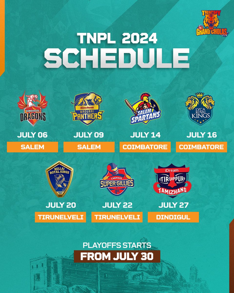 𝗦𝗔𝗩𝗘 𝗧𝗛𝗘 𝗗𝗔𝗧𝗘𝗦! 🗓️

Here is the when, where and whom we're going to be facing in #TNPL2024. 🏟️

@opcgobinath @DrumsticksProd

#TrichyGrandCholas #TNPL