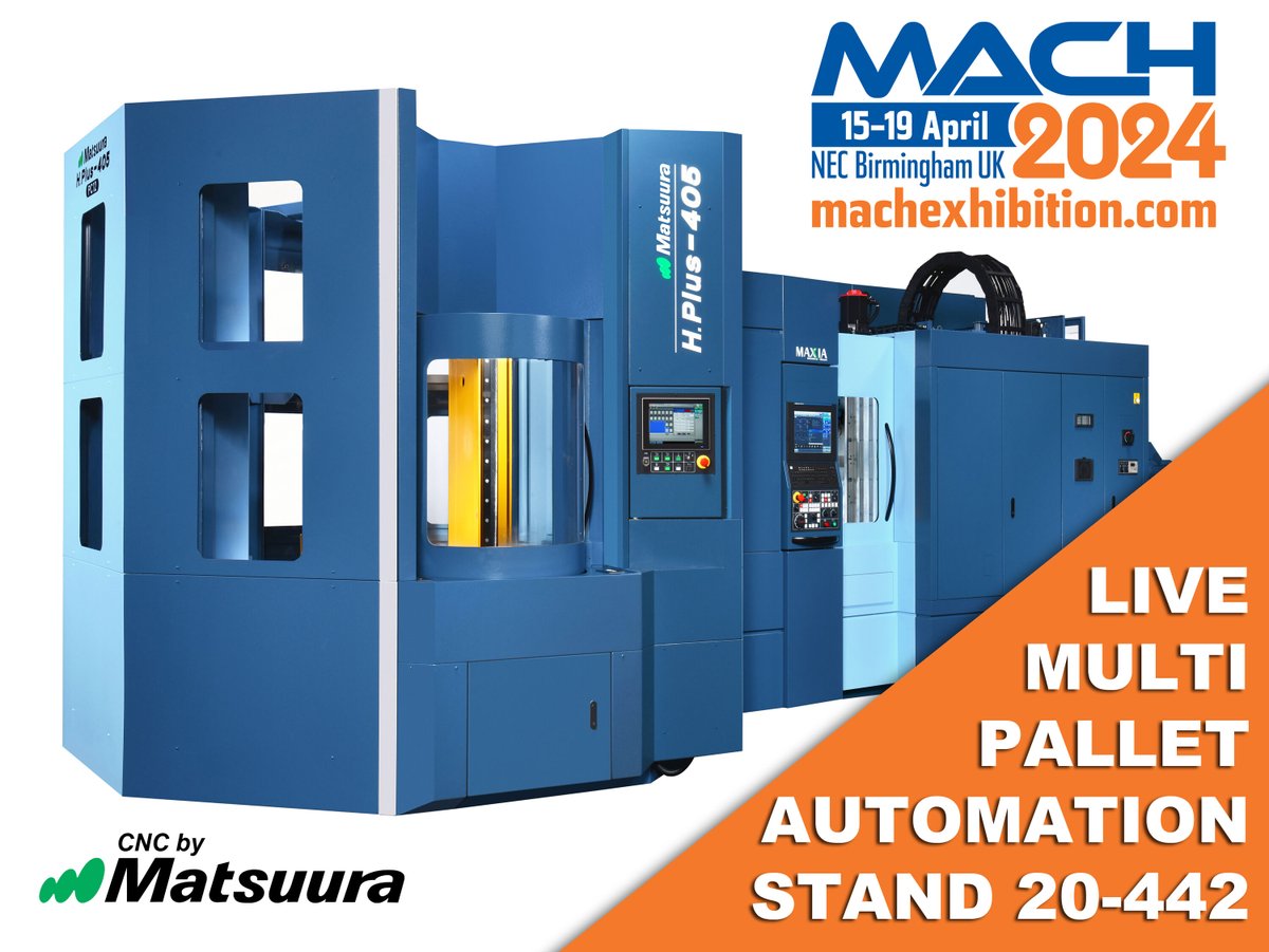 Matsuura are pleased to announce that we will exhibit a fully automated H_Plus-405 PC12 at MACH 2024 on stand 20-442!

Save the date; April 15th to the 19th 2024. Cannot wait that long? Call us on 01530 511400 to view our UK Stock H_Plus Series multi-pallet horizontals.

#MACH