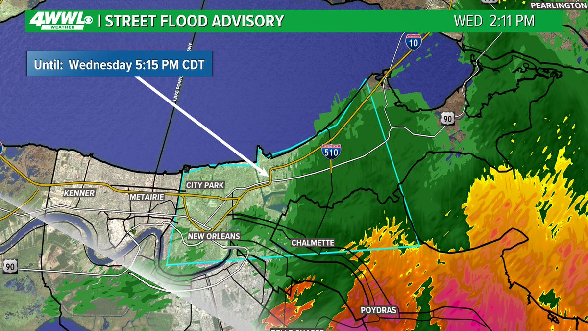 A Street Flood Advisory has been issued for parts of Orleans, St. Bernard, Jefferson until 4/10 5:15PM. Street flooding is possible in these areas. Don't drive through flooded roads. #BeOn4