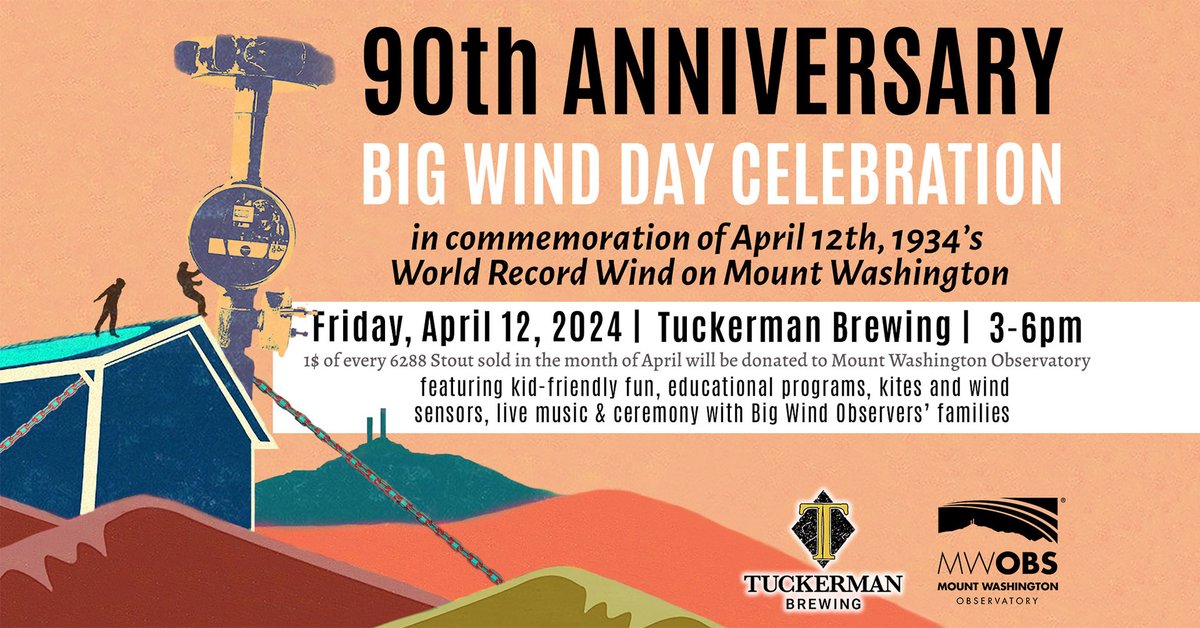 Join us this Friday, April 12, from 3:00 to 6:00p.m. at @TuckermanBrews to celebrate the 90th Anniversary of Big Wind Day! More info: mountwashington.org/event/big-wind…