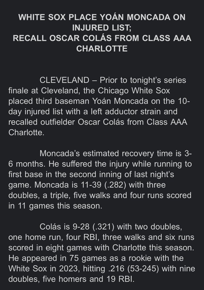 Yoán Moncada out 3-6 months.