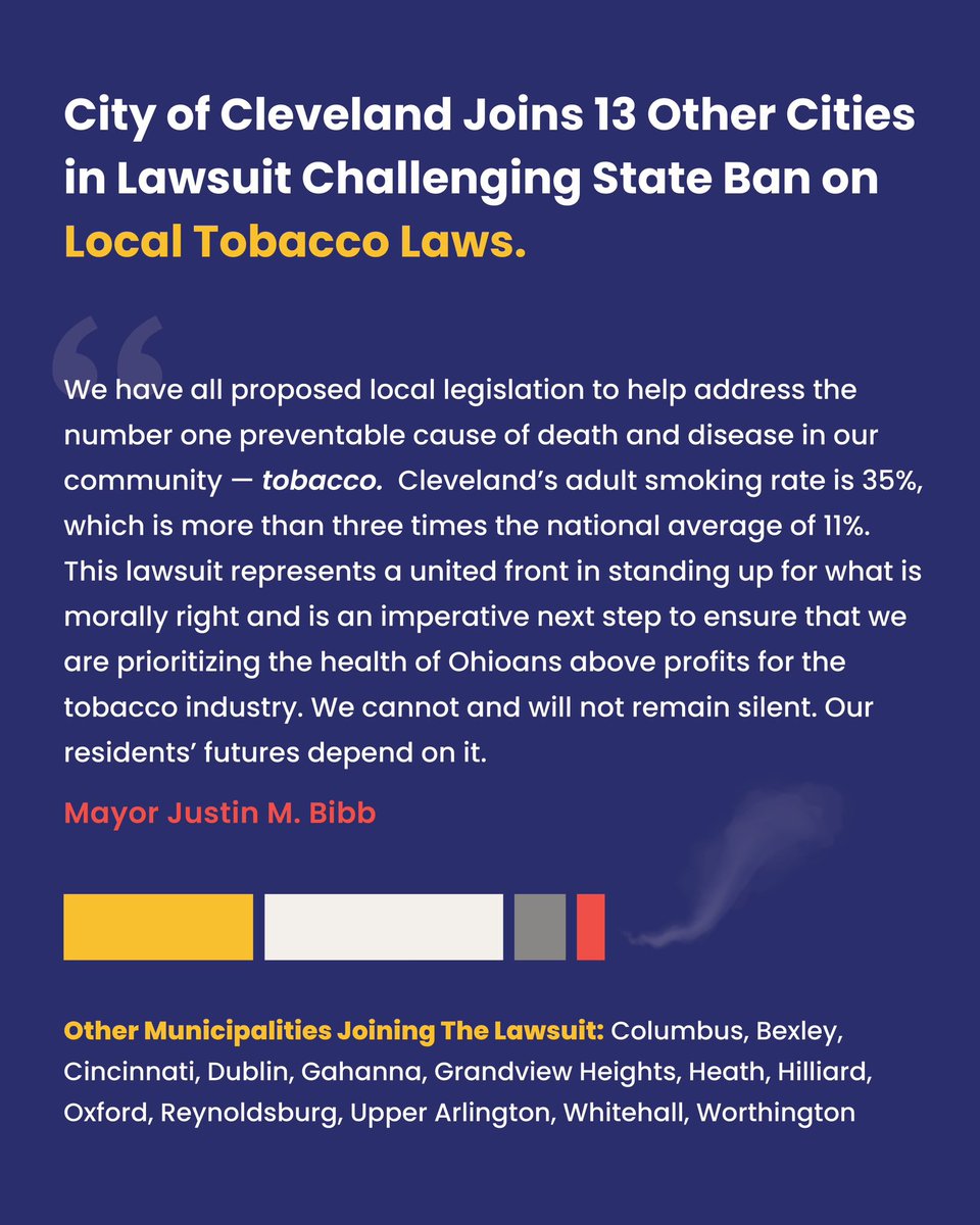 Cleveland joins 13 other municipalities in challenging a state law banning local tobacco regulation. This law threatens public health initiatives and undermines local autonomy. We're committed to defending our right to promote the well-being of our community.