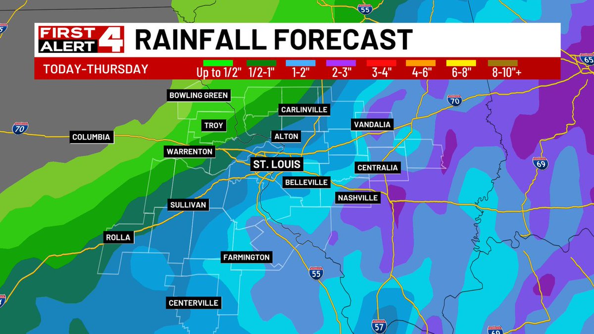 Some more soggy weather ahead as today and Thursday will combine for around 1' in St. Louis and more to the southeast, less to the northwest. Rain will turn steadier and heavier by this evening and continue overnight. #FirstAlert4