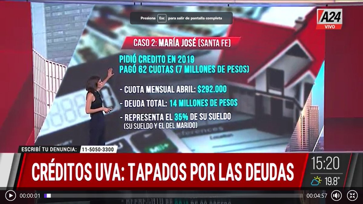 🗣️"Tuve que hipotecar mi casa para que me prestaran 600k para ampliarla. No habia otro credito. Hoy debo 14 millones. La #UVA aumento en 6 años 3.400 %" 
<a href="/SenadoArgentina/">Senado Argentina</a> tiene que frenar la #UsuraUVA !! 
<a href="/VickyVillarruel/">Victoria Villarruel</a> <a href="/VZimmermannOK/">Víctor Zimmermann</a> <a href="/AbdalaBartolome/">BartoloméAbdala</a> <a href="/anabelfsagasti/">Anabel Fernández Sagasti</a> 
<a href="/A24COM/">A24.com</a>