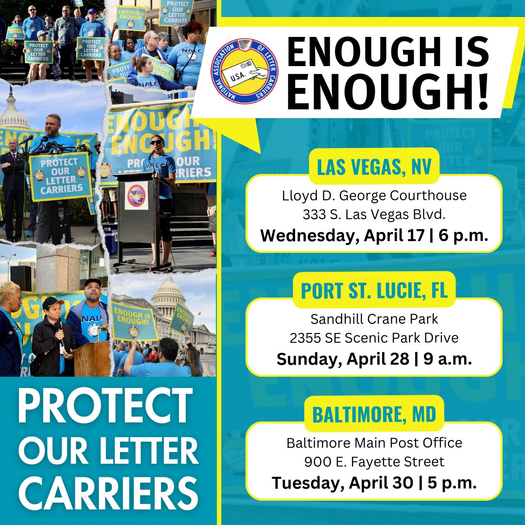 Letter Carriers are uniting together and spreading the word across the country: #EnoughIsEnough! A third city has been added to this month's round of rallies: Port St. Lucie, Florida on Sunday, April 28. Join us as we continue to demand action to #ProtectOurLetterCarriers!