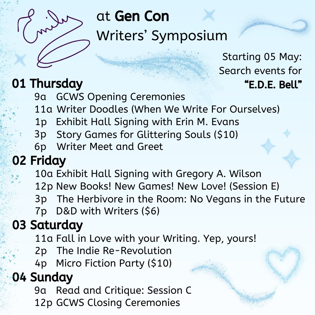 edebellauthor's tweet photo. Anyone want a *sneak peek* of my @gen_con @genconwriters events? Get ready to start wishlisting in early May - maybe you'll wish for me? ; ) π #GenCon #GCWS https://t.co/hhLXzSHWns