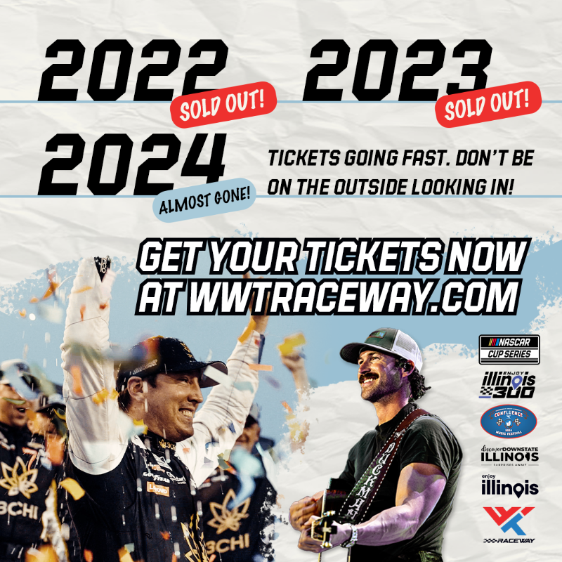 WWTRaceway's tweet photo. Don’t just watch NASCAR on TV—experience the Enjoy Illinois 300 live at WWT Raceway. Feel the excitement, the speed, the power. Your race ticket is your concert ticket! Tickets available! #LiveNASCAR #WWTR