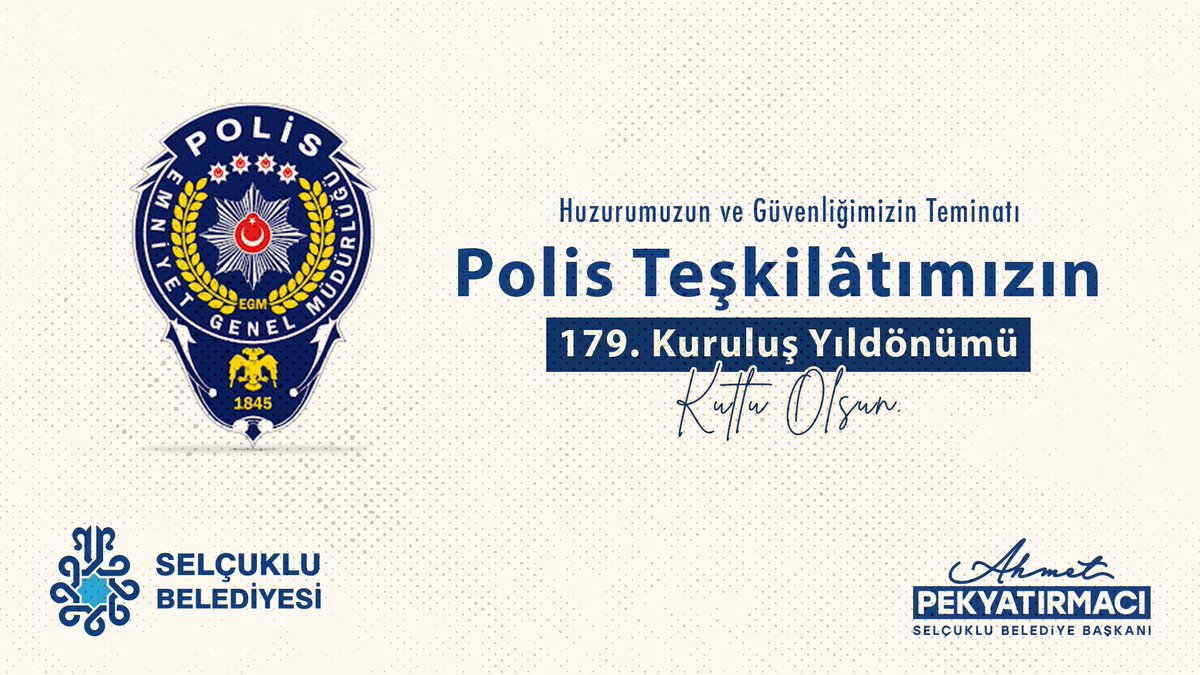 Huzurumuzun ve güvenliğimizin teminatı Türk Polis Teşkilatımızın 179. kuruluş yıl dönümünü ve Polis Haftası’nı kutluyorum. Vatan savunmasında şehit olan tüm kahramanlarımızı rahmetle yâd ediyor, gazilerimize sağlıklı bir ömür diliyorum. #PolisHaftası