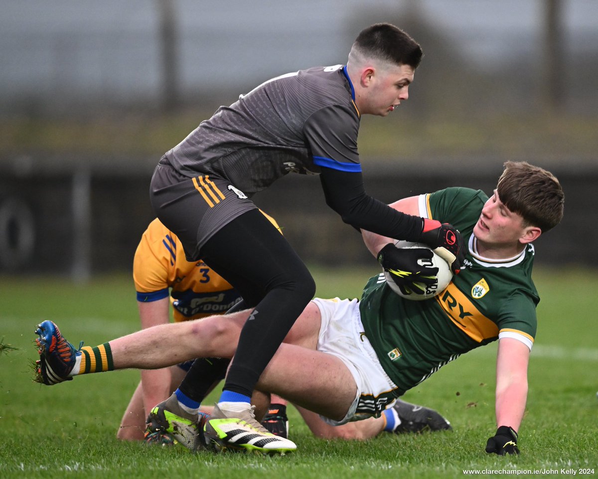 Cian Corry of Clare  in action against Ian O Sullivan of Kerry during their Munster U-20 Championship game at Quilty. The final  score is @GaaClare 0-05 , @Kerry-Official 1-13 . Photograph by John Kelly.  #GAA  #whereweallbelong ⁦@MunsterGAA⁩