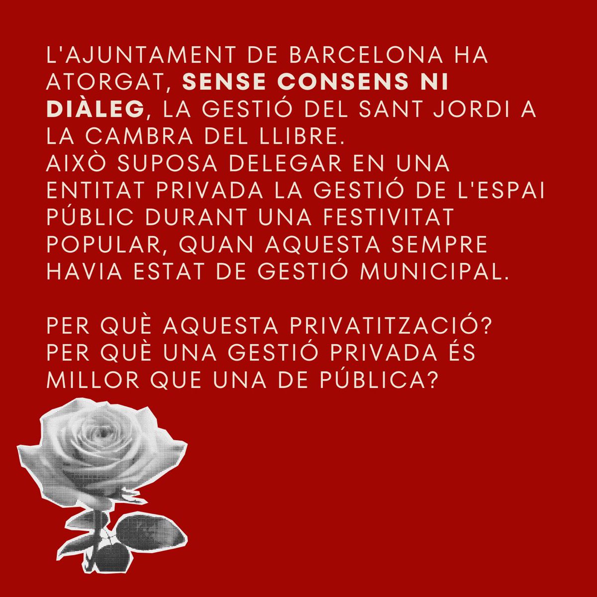 Perquè volem un #santjordipopular i no un recinte firal neoliberal. Perquè pensem que Sant Jordi ha de ser una diada excepcional, declarada patrimoni immaterial de la humanitat. santjordipopular.wordpress.com #SantJordi2024 #FemCulturaPopular