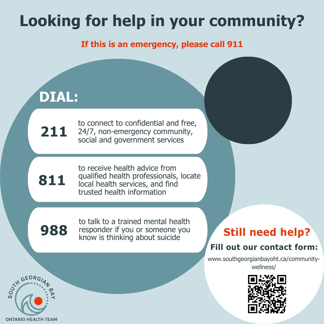 Looking for help in your community? Dial the appropriate number from the poster below or fill out our contact form at southgeorgianbayoht.ca/community-well… to find local resources! #OHTs #Ontariohealthteam