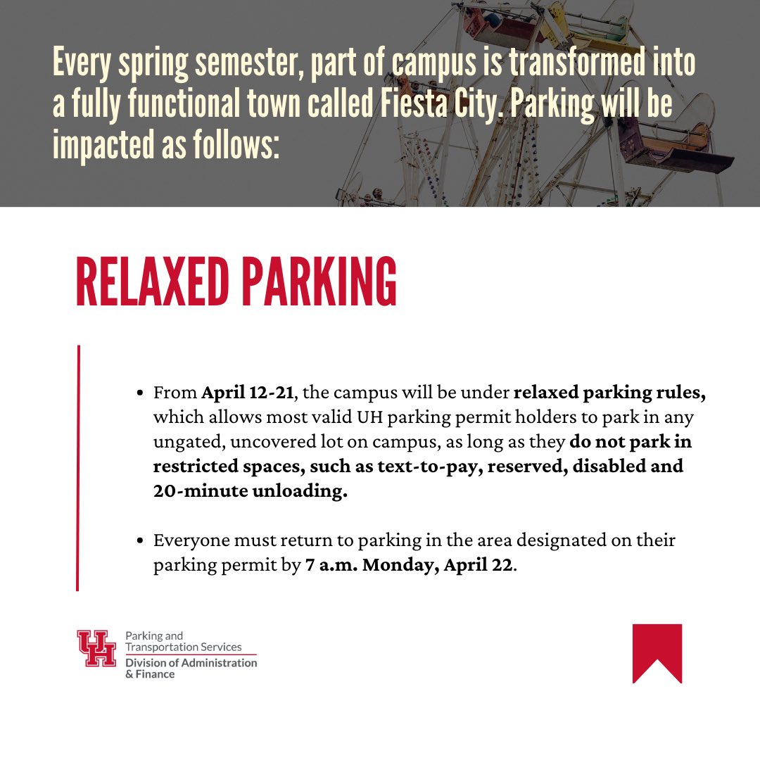 Friendly parking reminders for @frontierfiesta 😃 ☑️Zone F Permit Holders: All vehicles must be removed from Zone F Lot 12A by TOMORROW night (April 11) for the construction of Fiesta City. ☑️All Permit Holders: The campus will be under Relaxed Parking rules April 12-21.