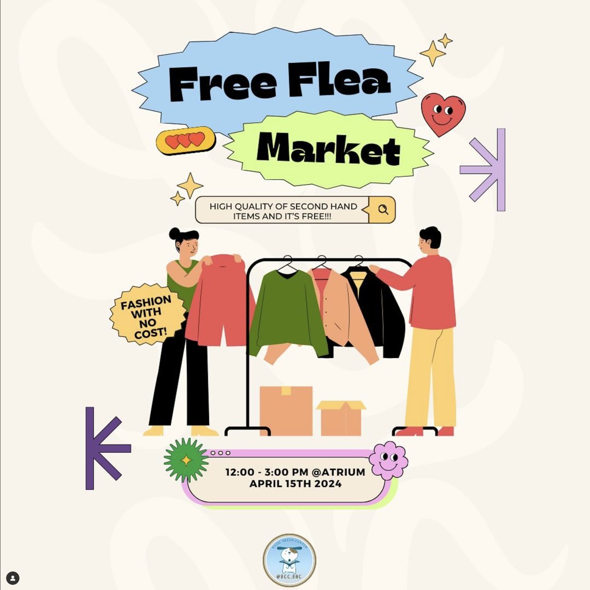 👖👕 FREE FLEA MARKET @berkeleycc 🆓BCC's #BasicNeeds Awareness Week
😀FREE clothing flea market - Monday April 15 on campus! 
Students bring your valid Spring 2024 student ID for clothes, shoes, and accessories (limits for different clothing items will be indicated on signs).