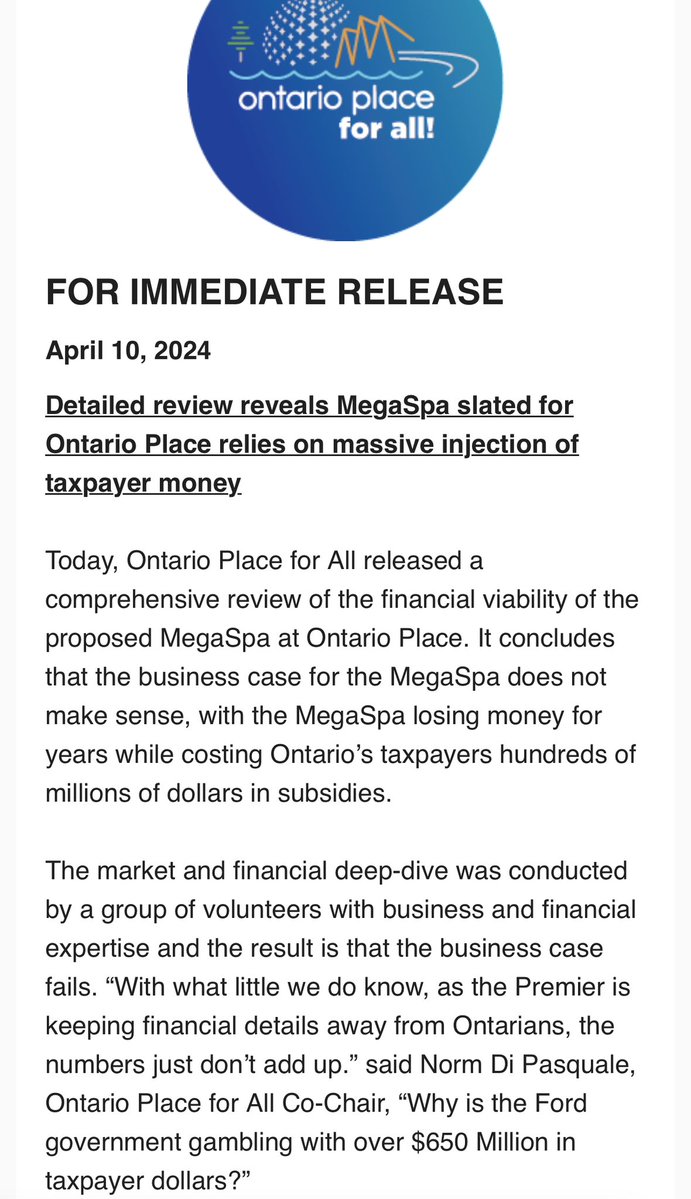PRESS RELEASE: Detailed review reveals MegaSpa slated for Ontario Place relies on massive injection of taxpayer money #topoli #onpoli us21.campaign-archive.com/?u=ee8ca2c1e0e…