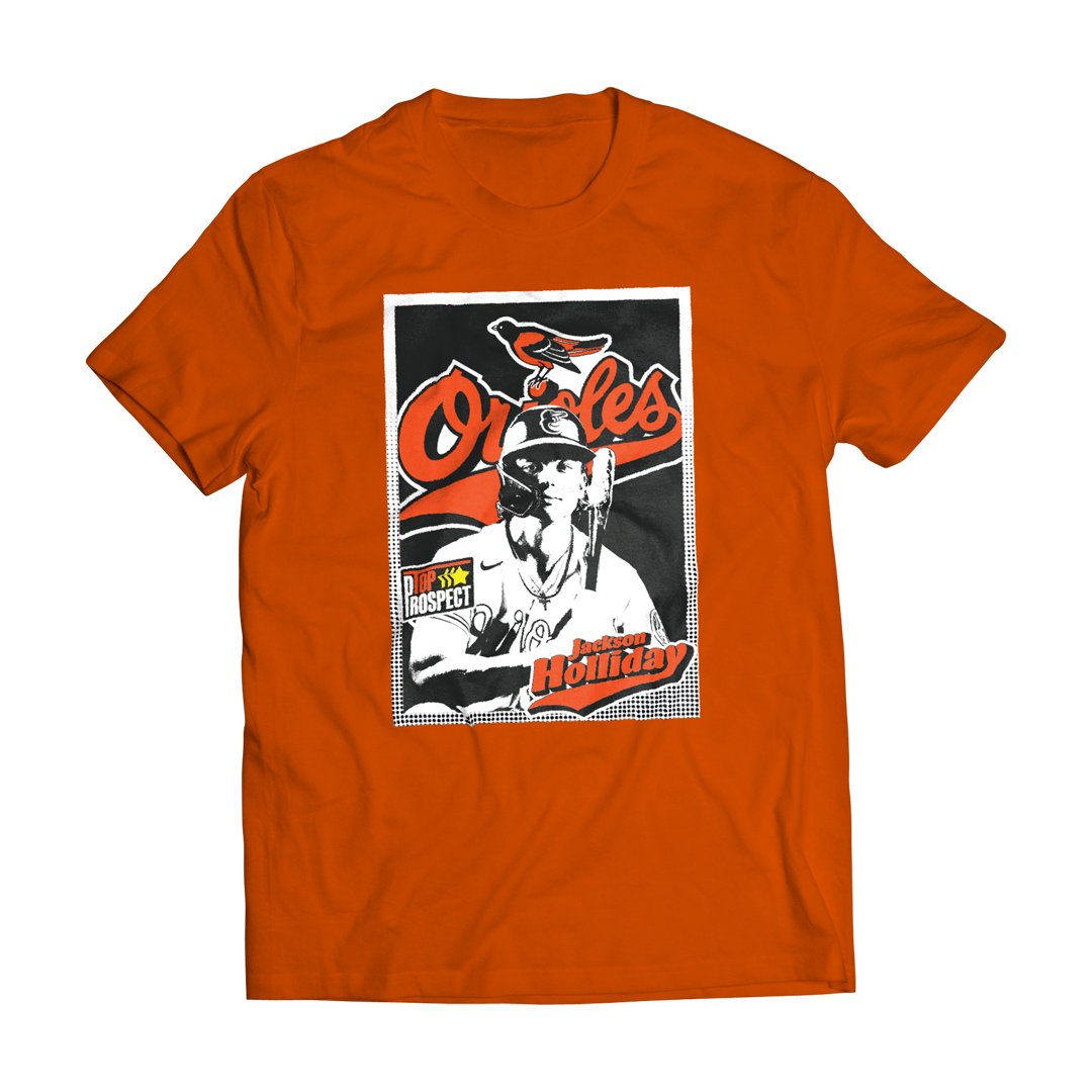 The first 15,000 Orioles fans 15 and over can receive this Jackson Holliday promotional T-shirt at Camden Yards on Friday against the Brewers